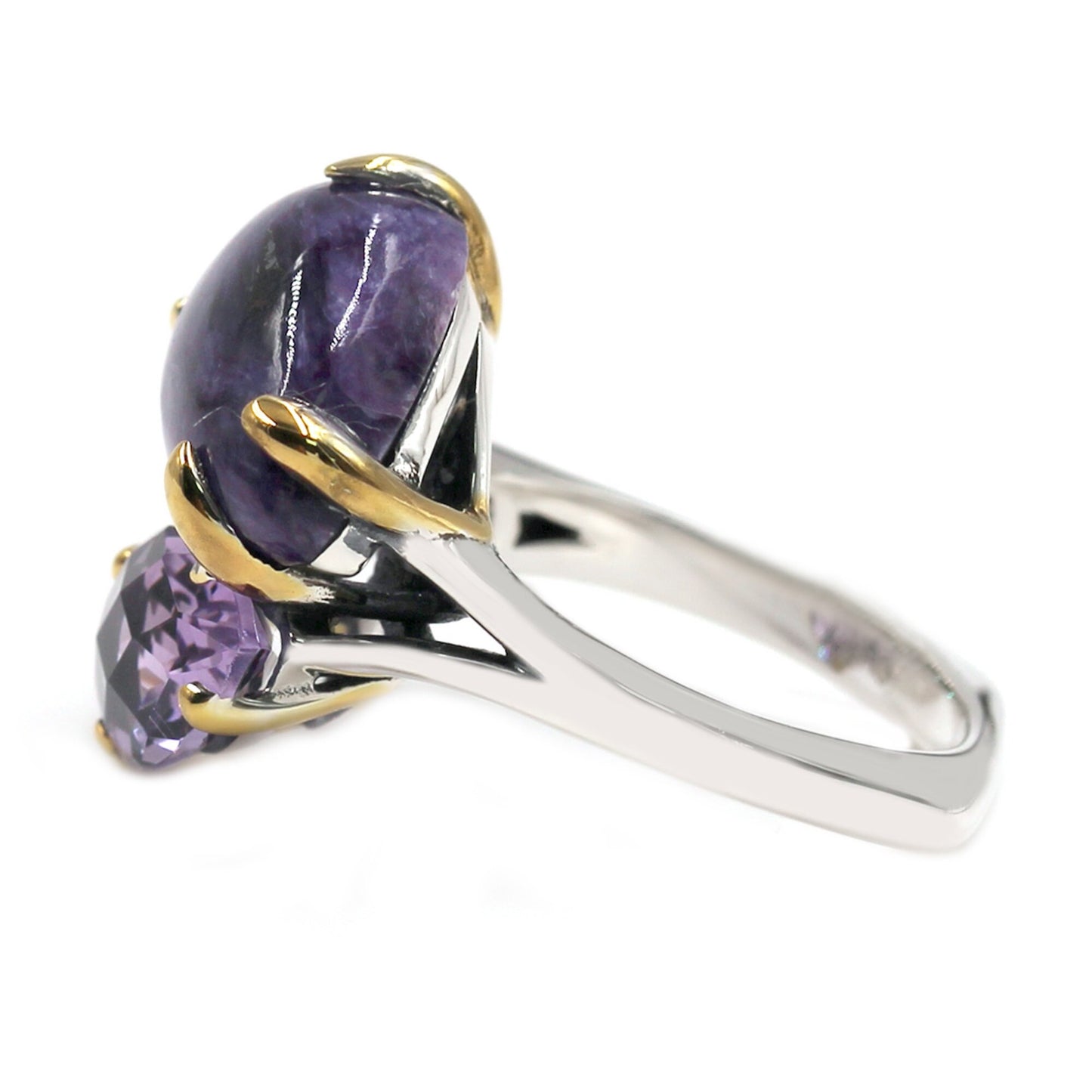 925 Sterling Silver Pink Amethyst and Charoite 3-Stone Ring