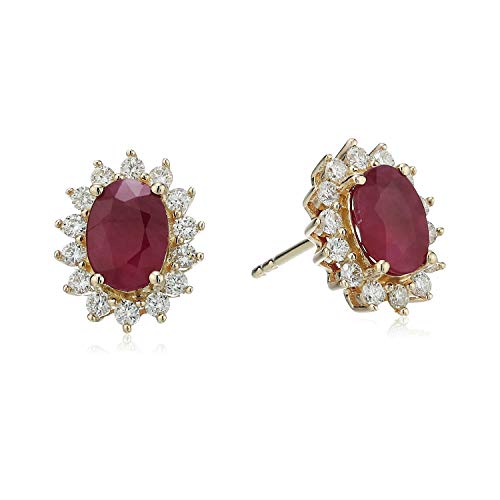 Pinctore 14k Yellow Gold Oval Ruby and Diamond Halo Stud Earrings