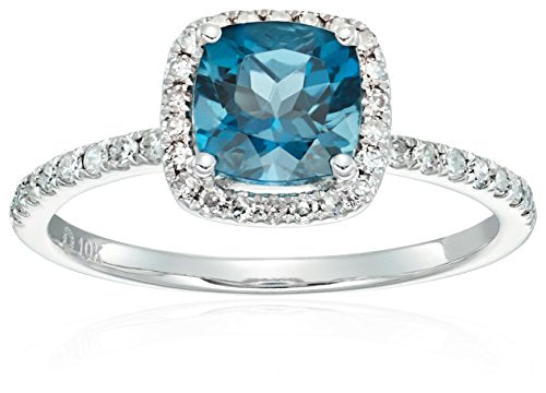 10k White Gold London Blue Topaz and Diamond Cushion Halo Engagement Ring (1/4cttw, H-I Color, I1-I2 Clarity), Size 7