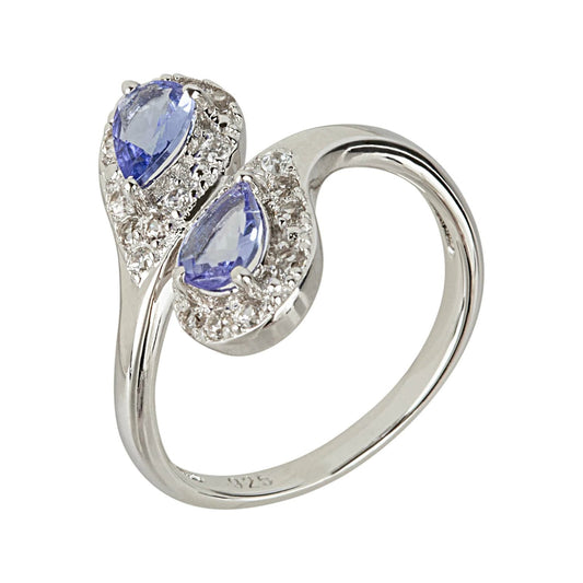 925 Sterling Silver Tanzanite and White Zircon Gemstone Bypass Ring