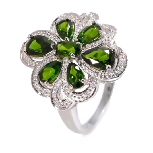 925 Sterling Silver Chrome Diopside and Diamond Gemstone Cocktail Rings