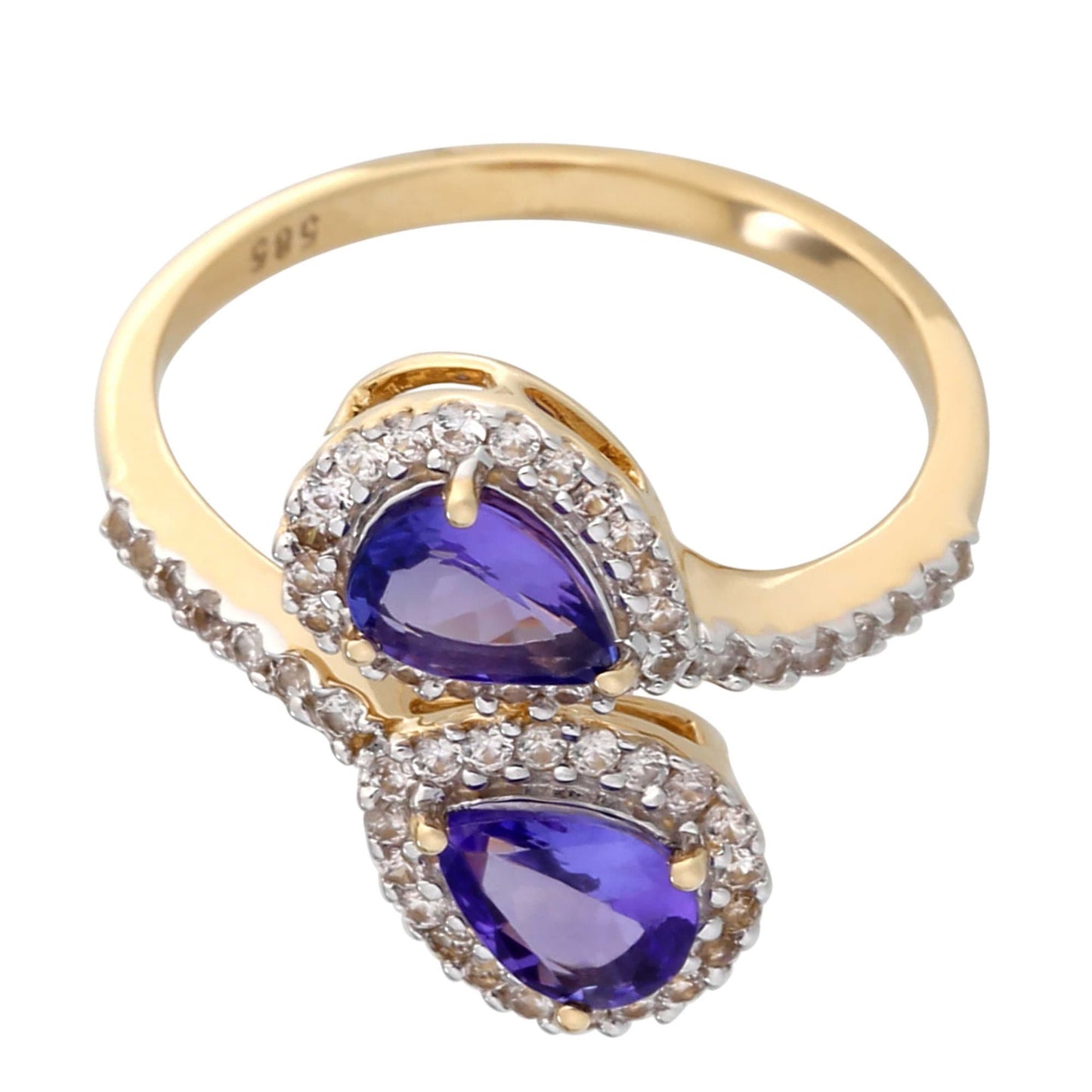 14k Solid Yellow Gold Tanzanite And White Zircon Bypass Ring