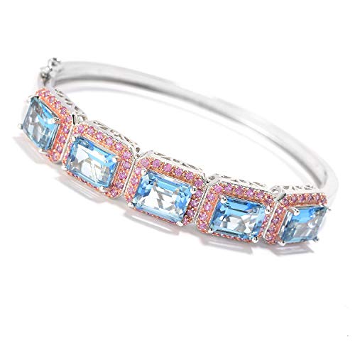 Pinctore Sterling Silver Two-tone 14.3ctw Aquamarine Topaz & Pink Sapphire Bangle