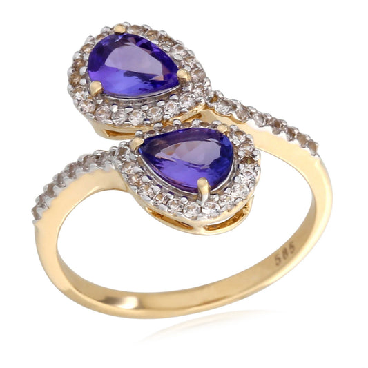 14k Solid Yellow Gold Tanzanite And White Zircon Bypass Ring