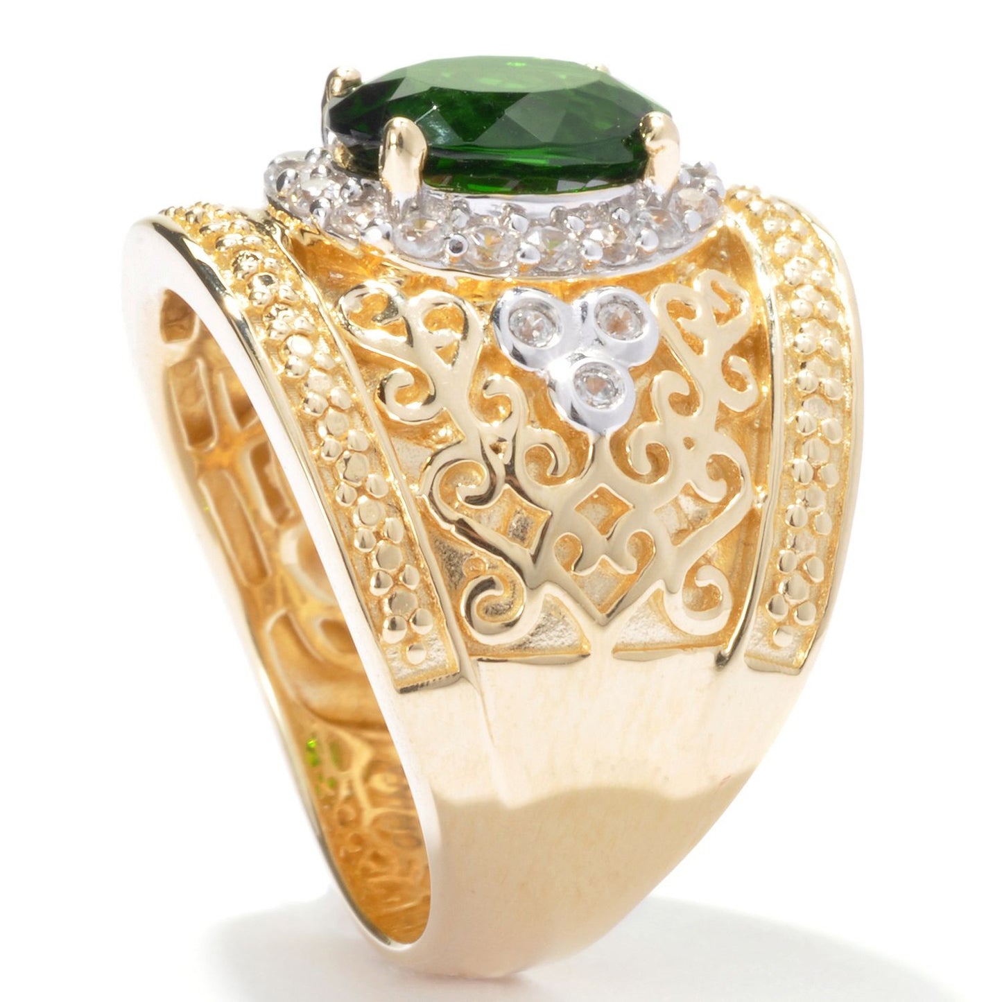 925 Sterling Silver Chrome Diopside and  White Zircon Gemstone Band Ring