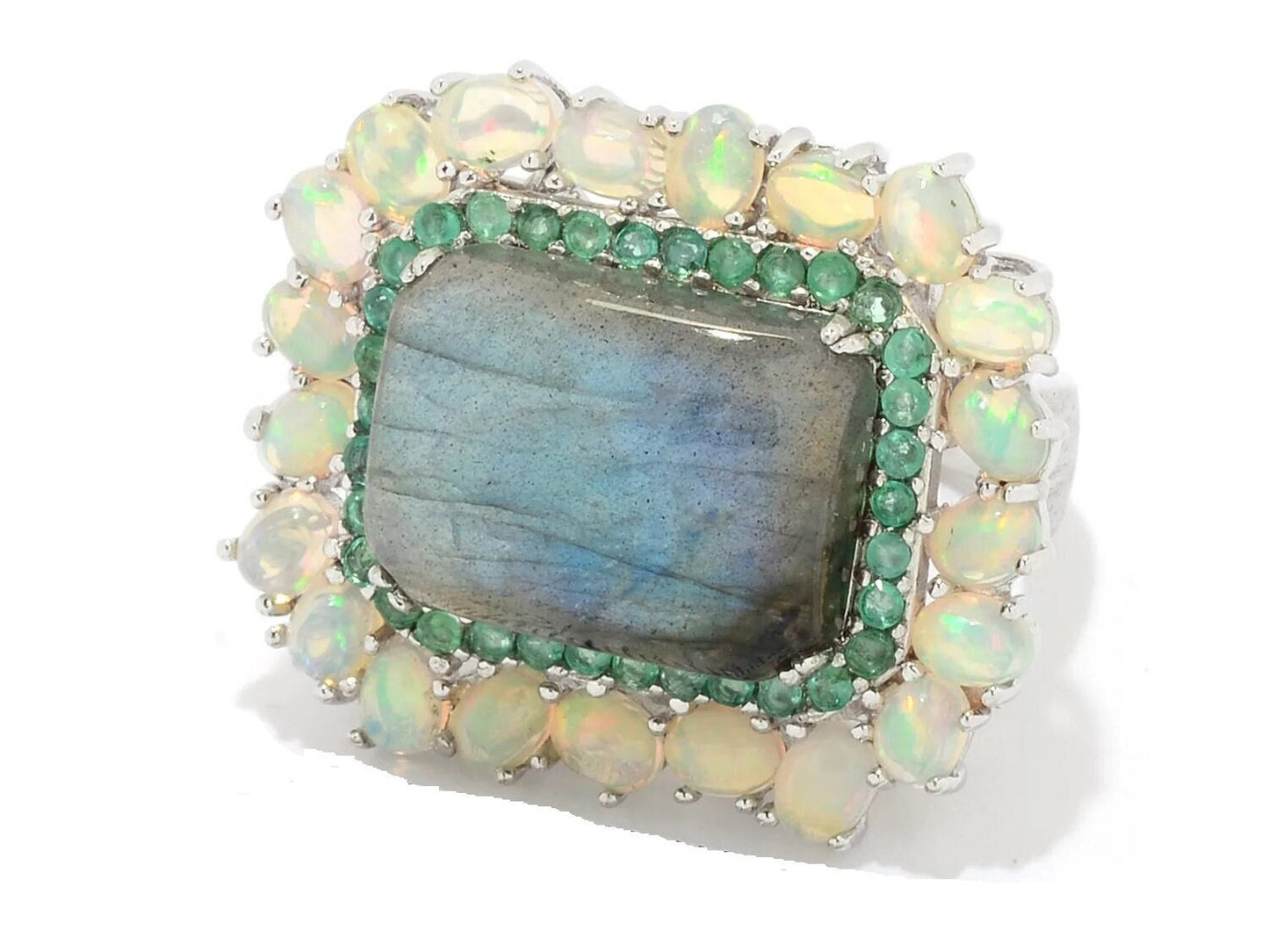 925 Sterling Silver Labradorite, Brazilian Emerald And Ethiopian Opal Gemstone Cluster Ring