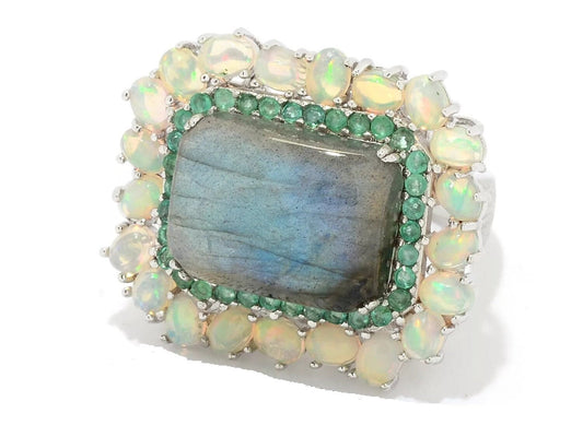 925 Sterling Silver Labradorite, Brazilian Emerald And Ethiopian Opal Gemstone Cluster Ring