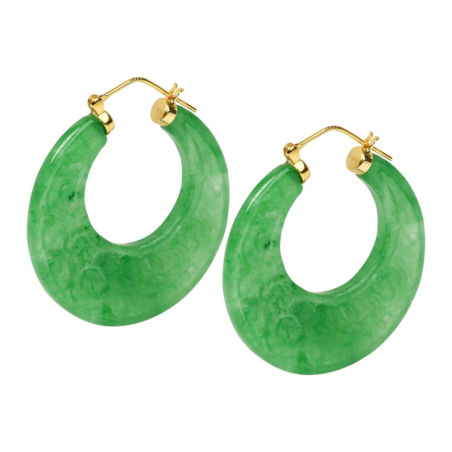 18k Yellow Plating Over Sterling Silver Dyed Green Jade Gemstone Dangle Earrings