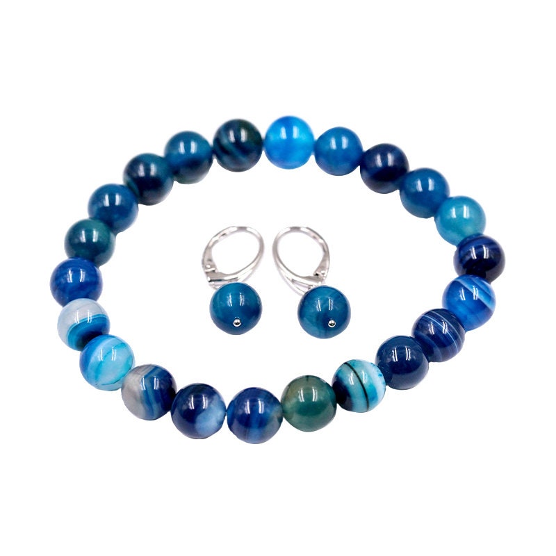 925 Sterling Silver Pink Agate And Aqua Agate Beads Gemstone Bracelet And Earrings Set