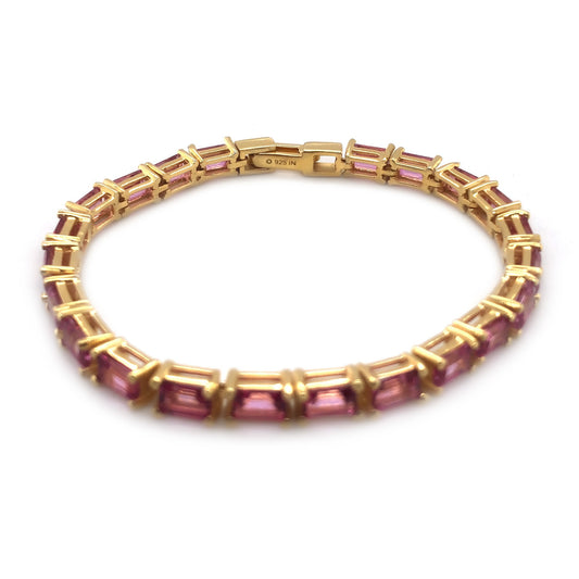 Yellow Gold Over Sterling Silver Pink Topaz Gemstone Tennis Bracelets For Women's And Girls