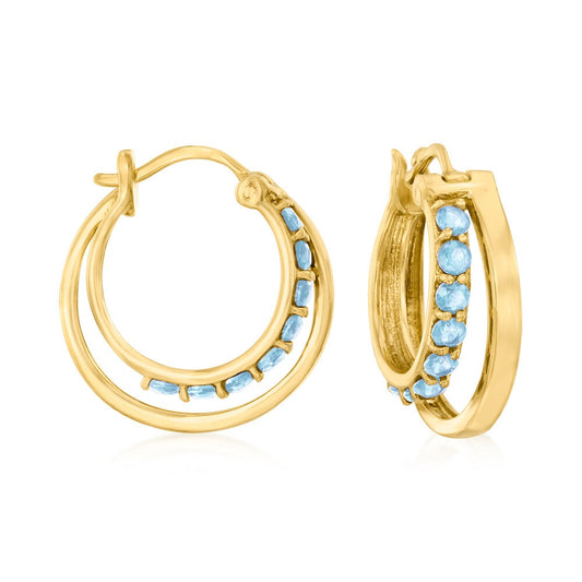 18k Yellow Gold Plating Over Sterling Silver Swiss Blue Topaz Gemstone Hoop Earrings