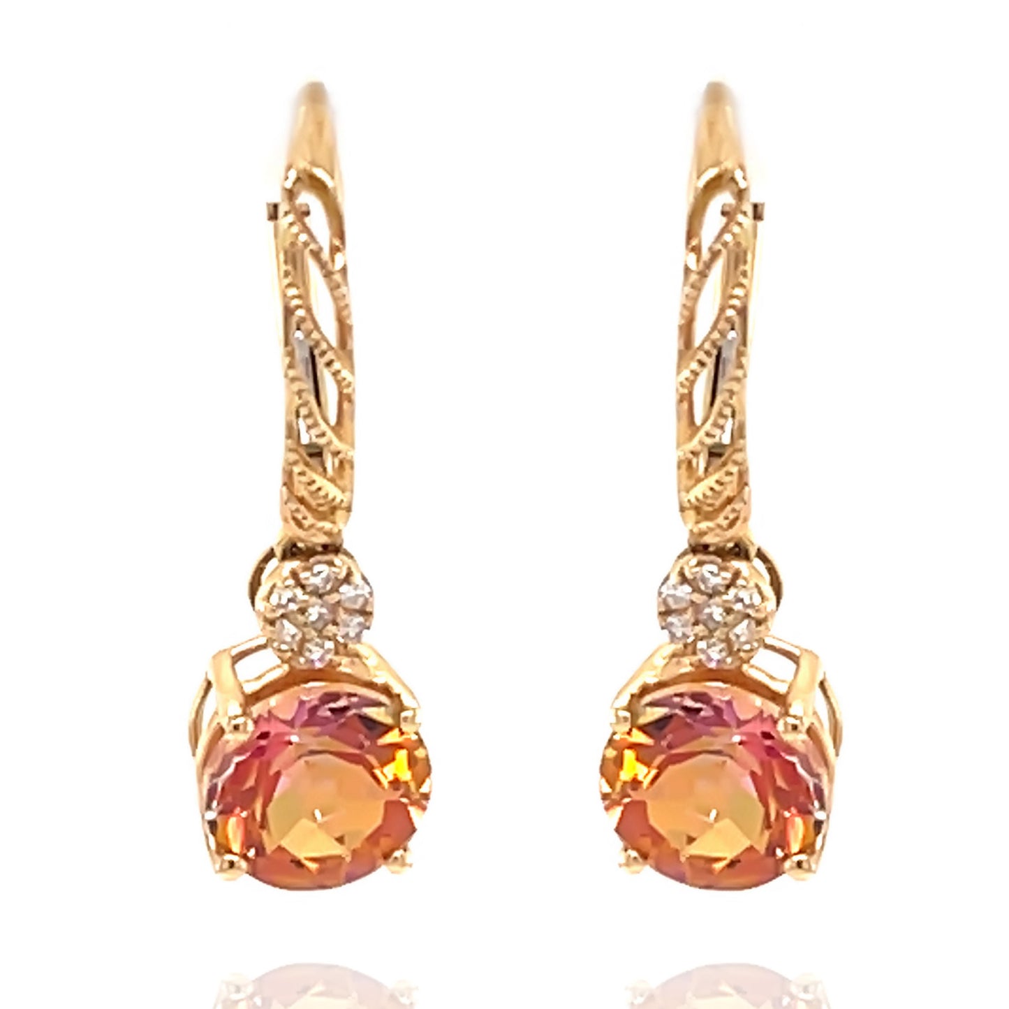 14Kt Gold Sunset Topaz, Diamond Dangle Earrings