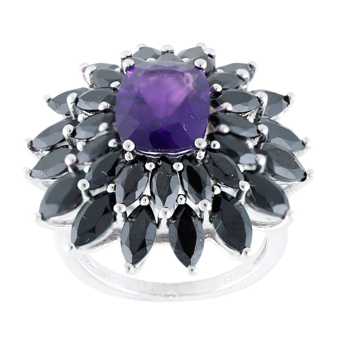 925 Sterling Silver African Amethyst and Black Spinel Ring, US8