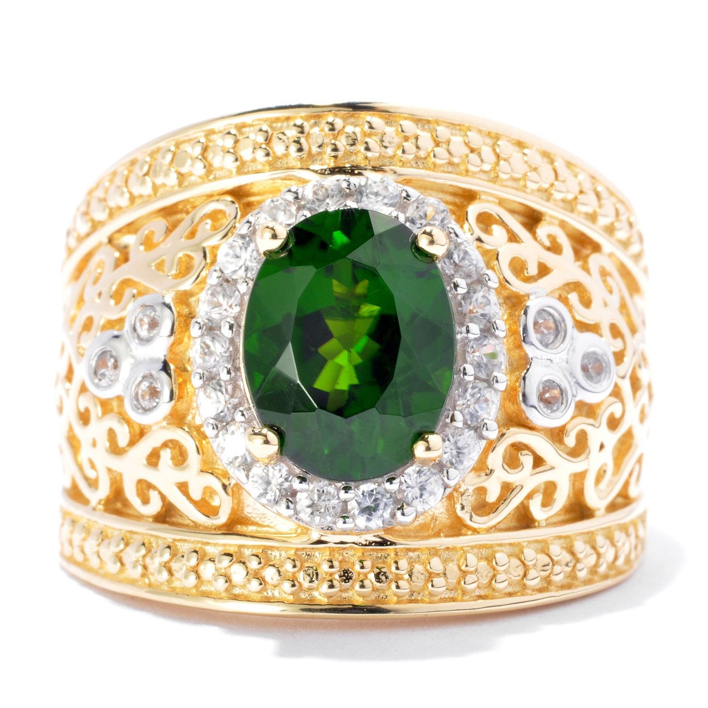 925 Sterling Silver Chrome Diopside and  White Zircon Gemstone Band Ring