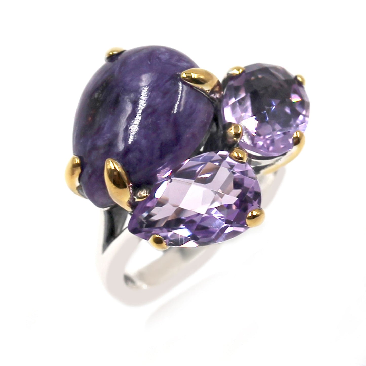 925 Sterling Silver Pink Amethyst and Charoite 3-Stone Ring