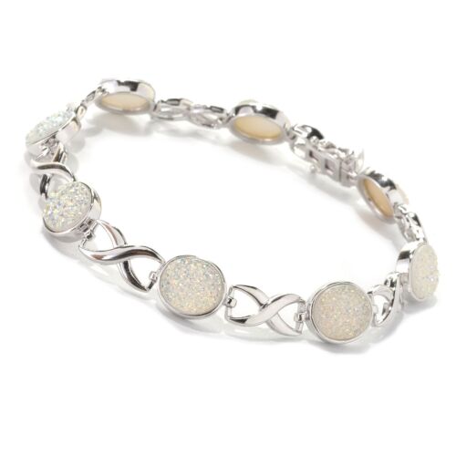 925v Sterling Silver 13.54Ctw Opal Drusy Chain & Links Bracelet 7.50"L