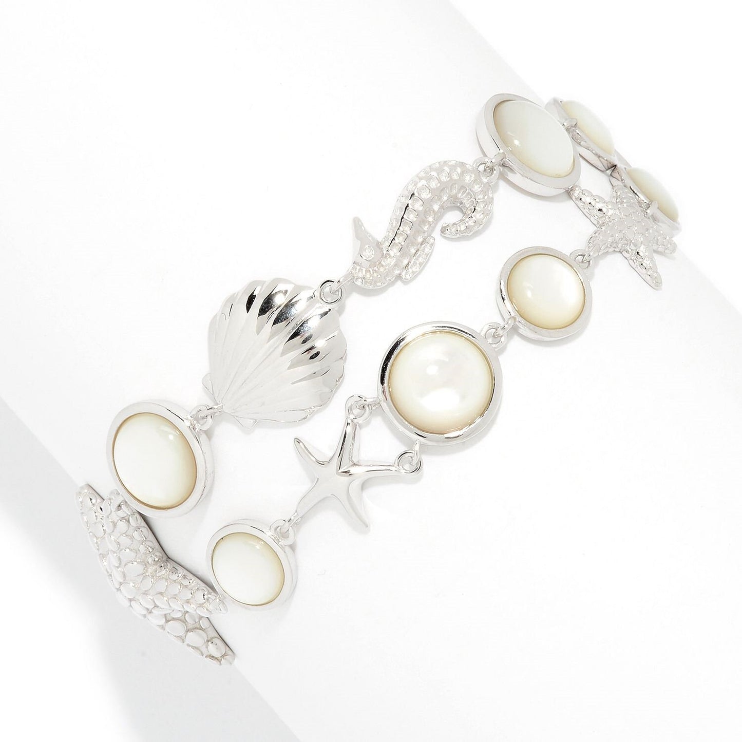 Pinctore Sterling Silver White Mother of Pearl Sea Life 2-Row Bracelet, Women Pearl Bracelet