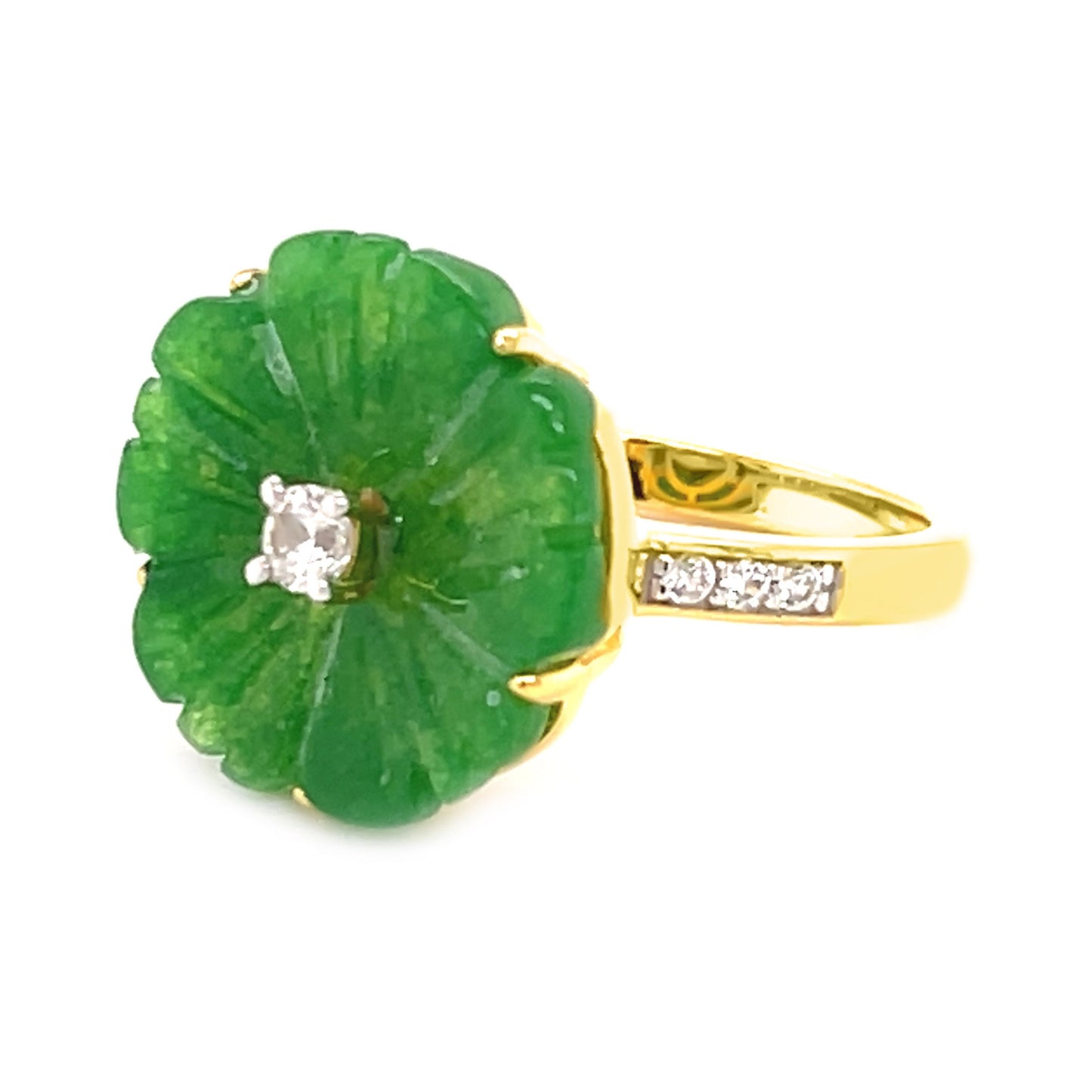 18k Yellow Gold Plated Over Sterling Silver Dyed Green Jade Gemstone Flower Ring