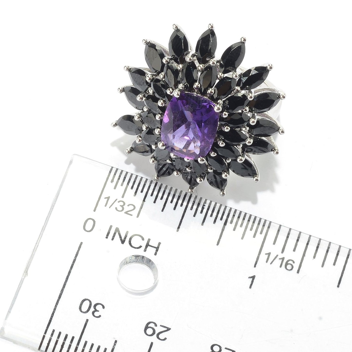 925 Sterling Silver African Amethyst and Black Spinel Ring, US8