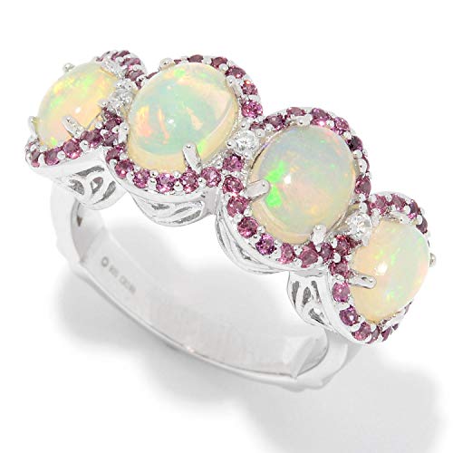 Pinctore Sterling Silver Ethiopian Opal, Rhodolite & White Zircon Halo Ring