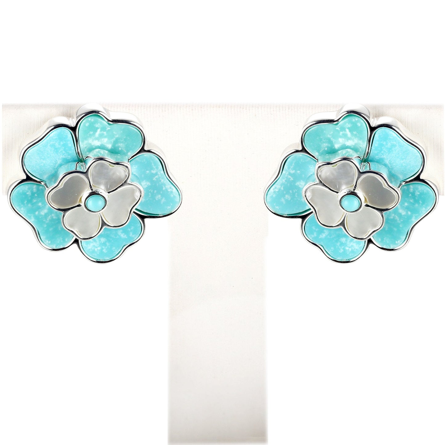 925 Sterling Silver Pearl, Campitos Turquoise Gemstone Flower Earrings