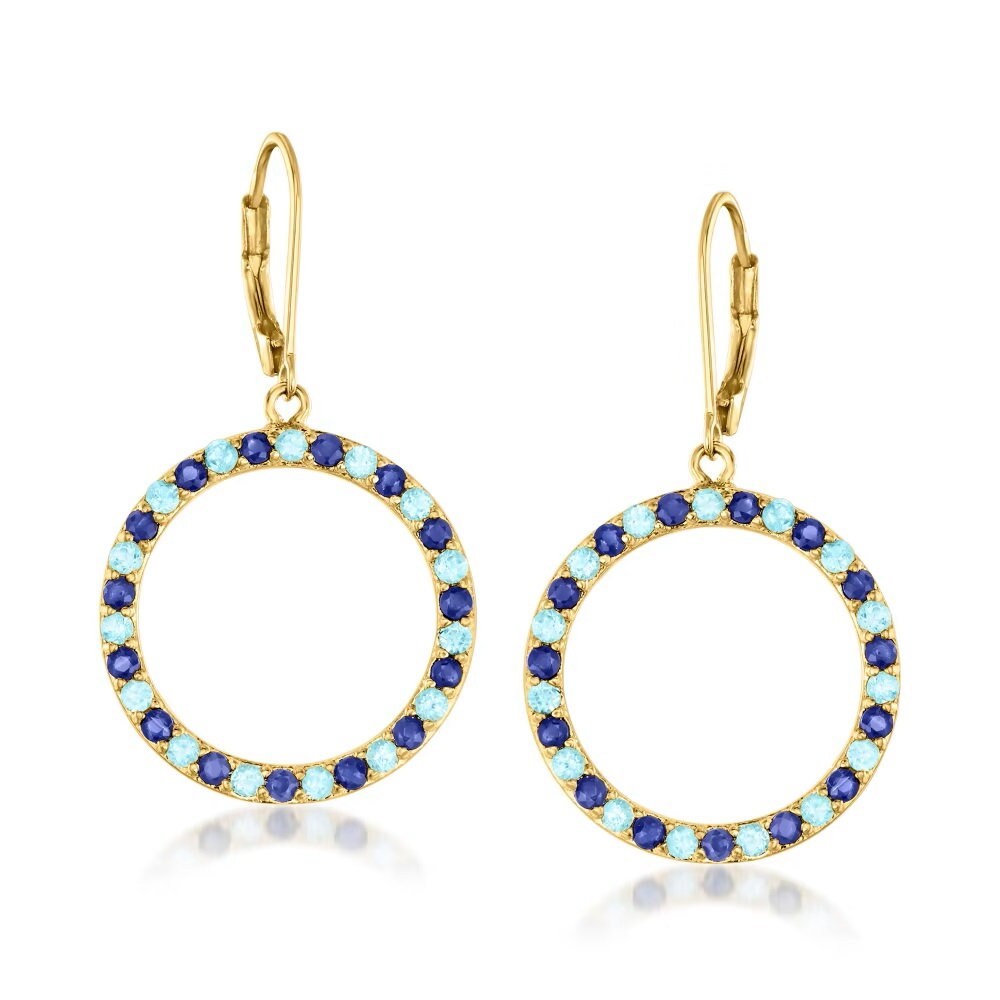 18k Yellow Gold Plating Over Sterling Silver, Blue Sapphire and Swiss Blue Topaz Gemstone, Dangle And Drop Earrings