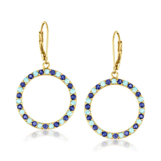 18k Yellow Gold Plating Over Sterling Silver, Blue Sapphire and Swiss Blue Topaz Gemstone, Dangle And Drop Earrings