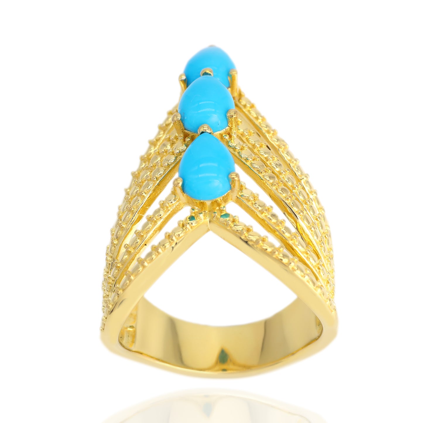 18k Yellow Gold Plated Over Sterling Silver Sleeping Beauty Turquoise 3- Stone Ring