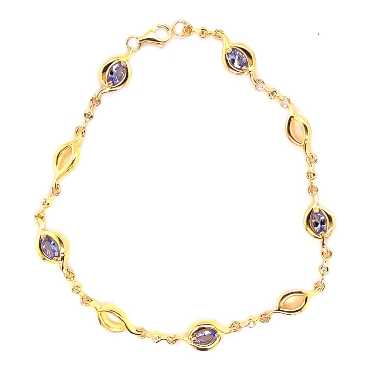 Yellow Gold Plated Over Sterling Silver Tanzanite & White Zircon Gemstone Chain Bracelet