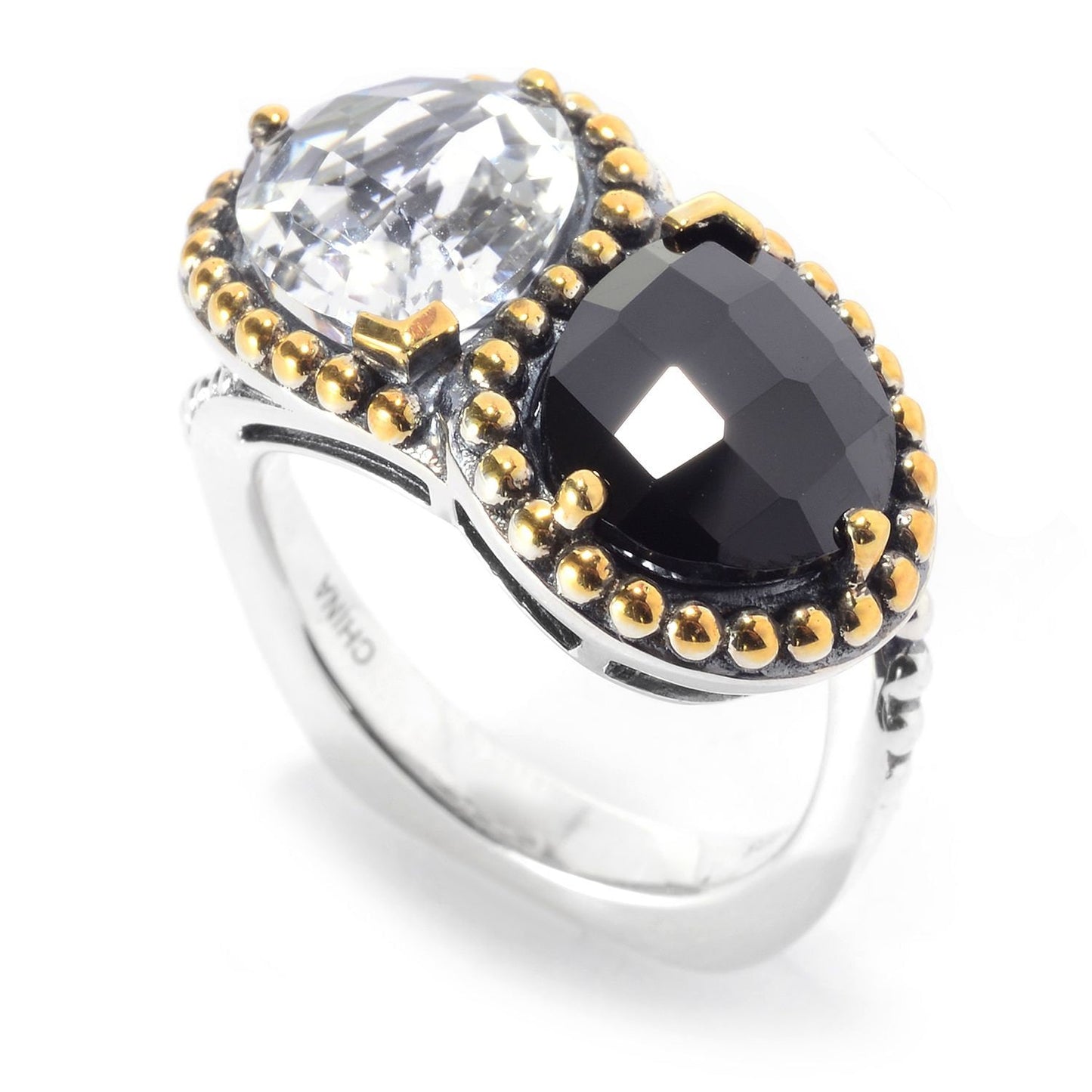 925 Sterling Silver Black Spinel and White Topaz Gemstone Bypass Ring