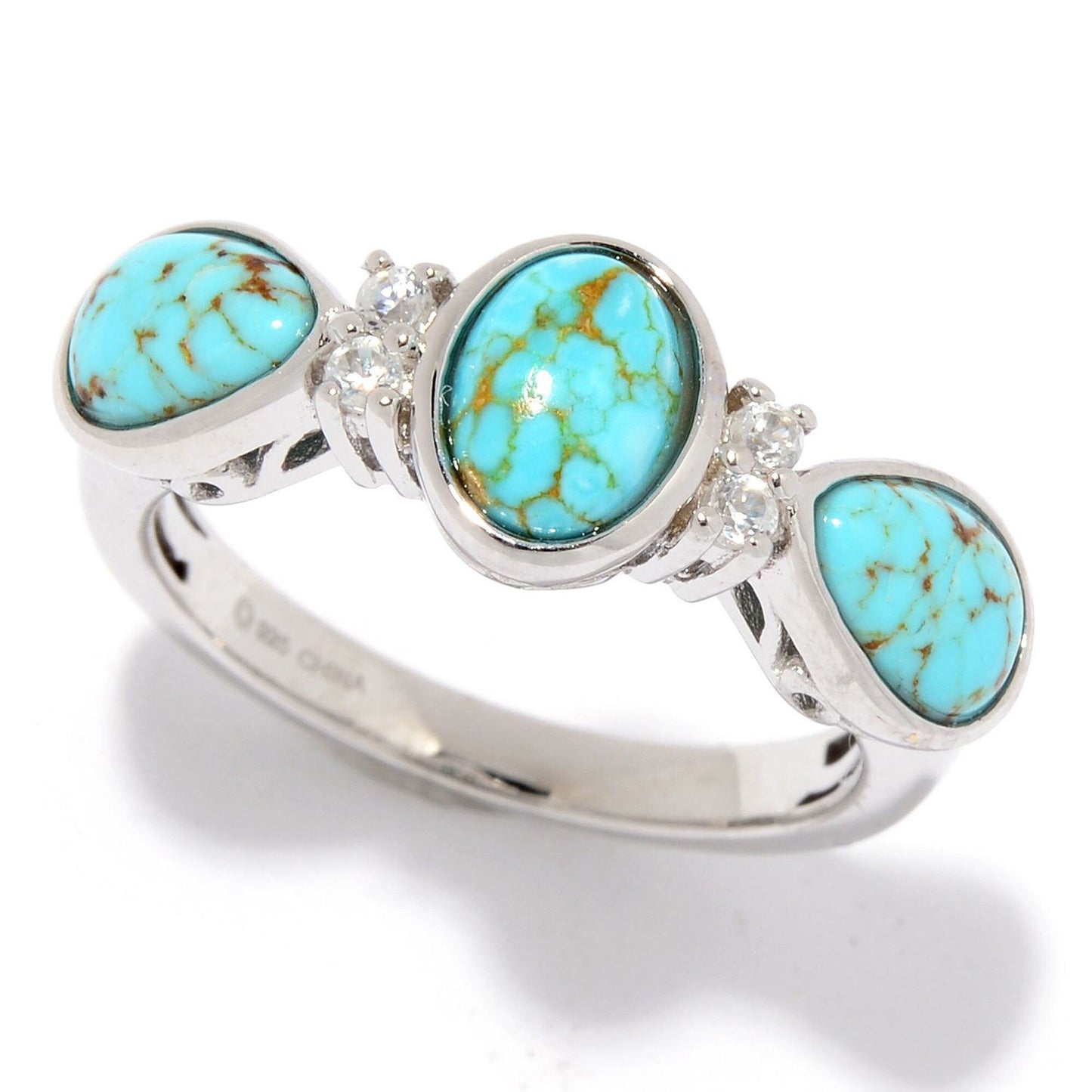925 Sterling Silver Kingman Turquoise 3-Stone Ring