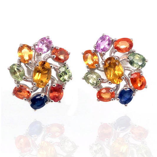 925 Sterling Silver Citrine, Multi Sapphire Gemstone Stud Earrings