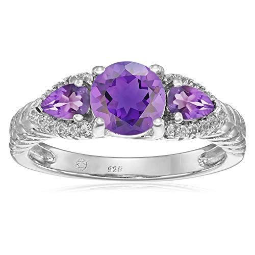925 Sterling Silver African Amethyst And White Topaz 3- Stone Rings