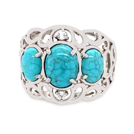 925 Sterling Silver Mine#8 Turquoise 3-Stone Ring