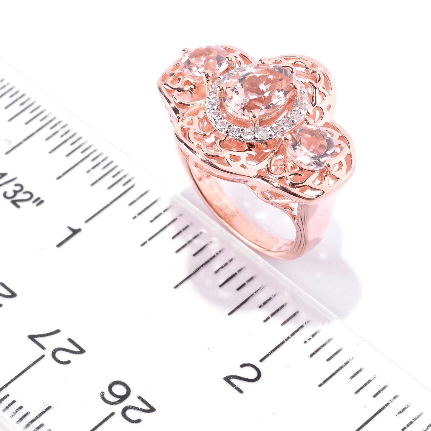14K Rose Vermeil 2.39ctw Oval Morganite & White Zircon Scrollwork Ring US5