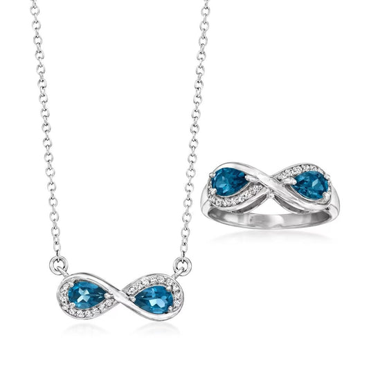 925 Sterling Silver London Blue Topaz Gemstone Infinite Sign Necklace And Ring Jewelry Sets