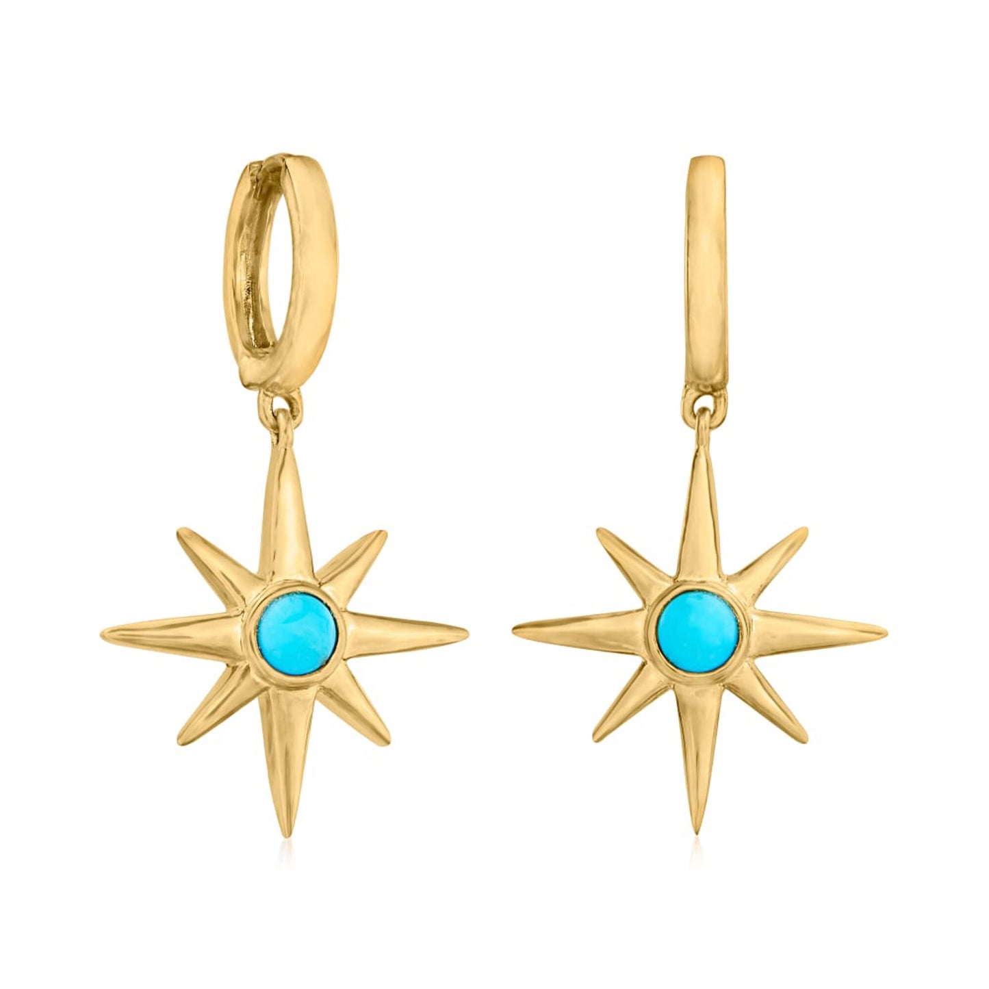 18k Yellow Gold Over Sterling Silver Sleeping Beauty Turquoise Gemstone Star Shape Dangle Earrings