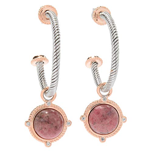 Pinctore Sterling Silver 1.75" Two-Tone 10mm Gemstone Charm Rope Hoop Earrings
