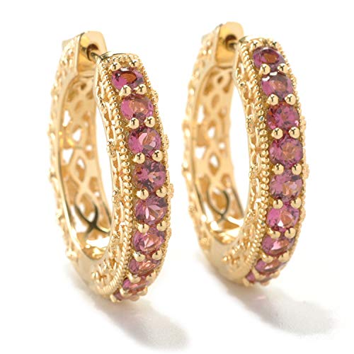 18K Yellow Gold Over Sterling Silver Pink Tourmaline And Fire Opal Gemstone Hoops Earrings