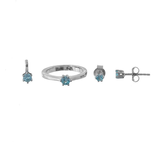 Sterling Silver Blue Zircon Gemstone Pendant, Earrings And Ring Jewelry Sets