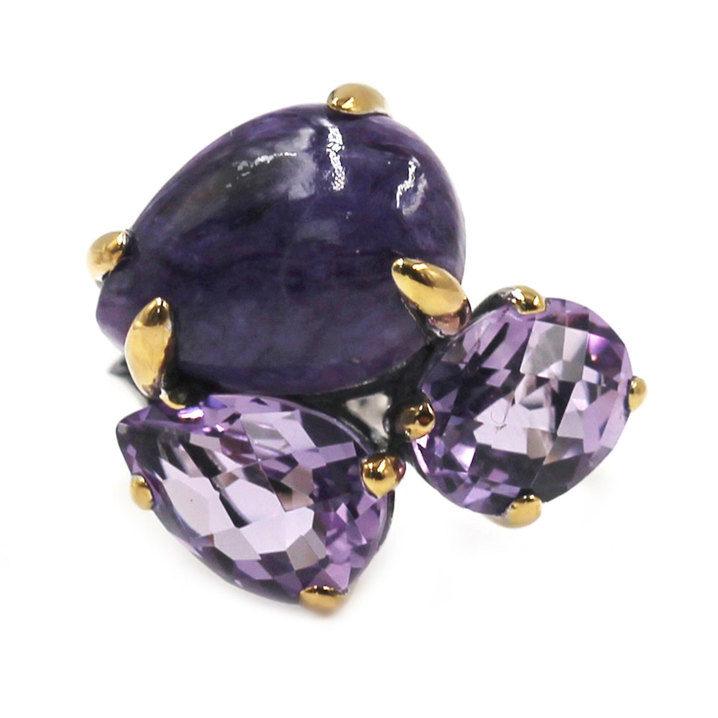 925 Sterling Silver Pink Amethyst and Charoite 3-Stone Ring