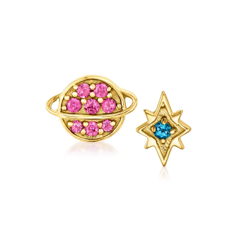 Sterling Silver Over Gold Plated Multi Gemstone Set Of 5 Earring Sets, Star and Celestial Stud