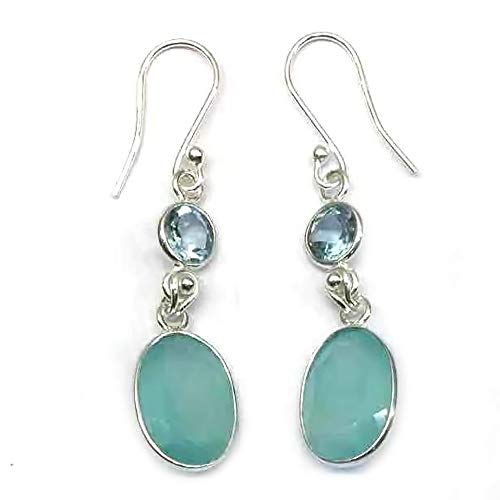 925 Sterling Silver Aqua Chalcedony With Sky Blue Topaz Earring For Women's And Girls