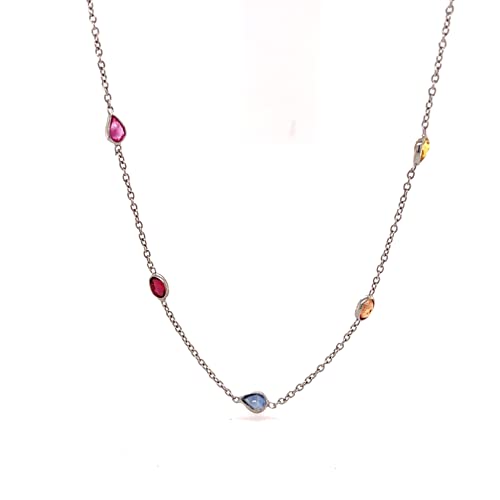 925 Sterling Silver Multi Sapphire Station Necklace For Women's And Girls