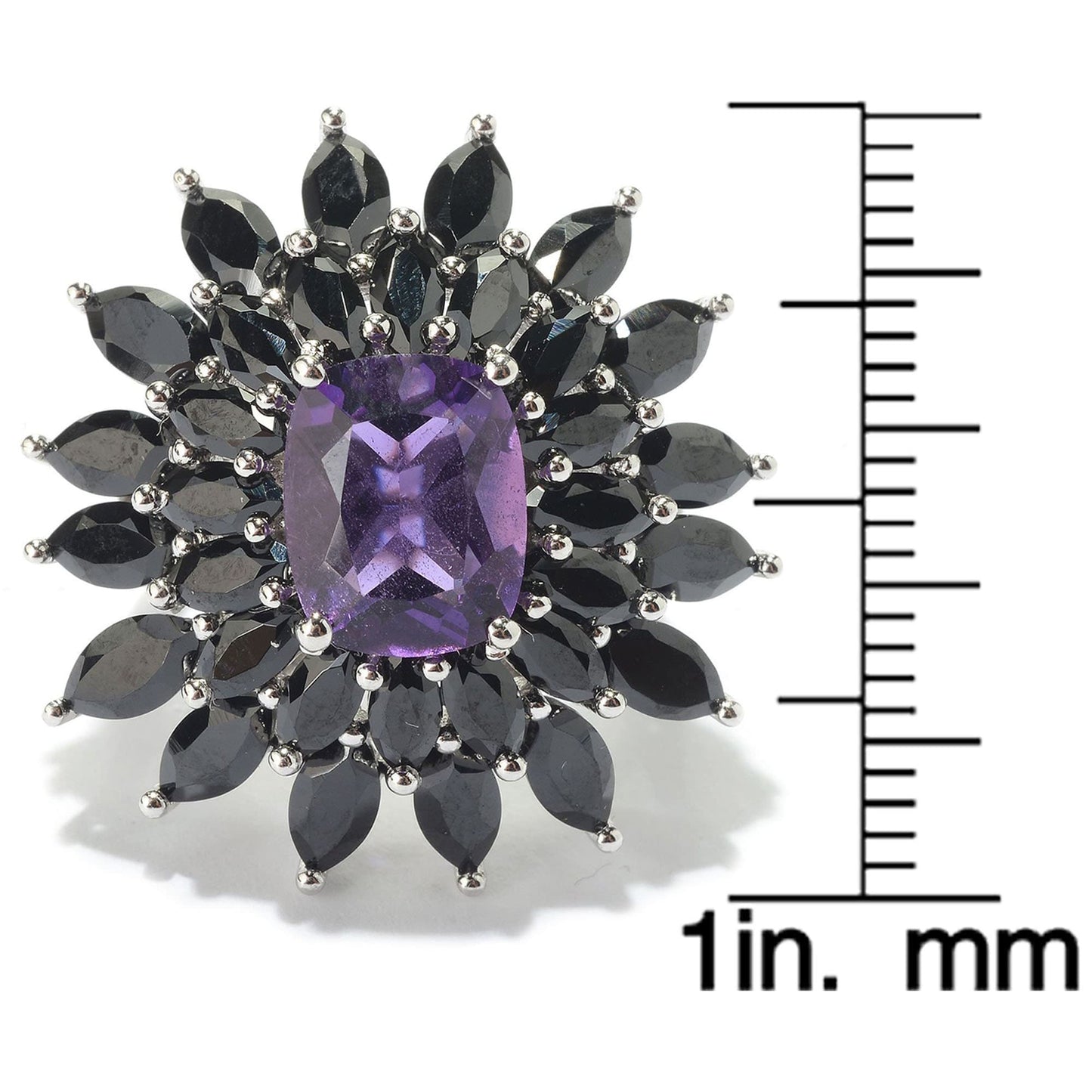 925 Sterling Silver African Amethyst and Black Spinel Ring, US8