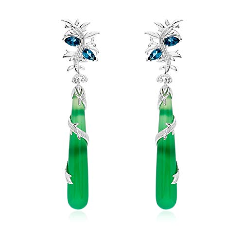 Pinctore Sterling Silver 2.25" Green Agate Vinework Elongated Drop Earrings