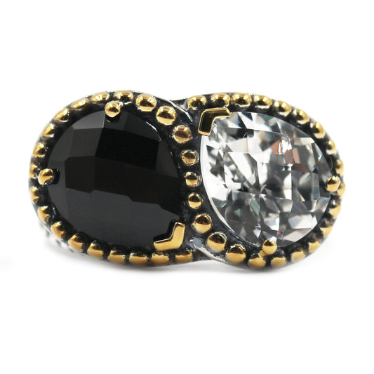 925 Sterling Silver Black Spinel and White Topaz Gemstone Bypass Ring