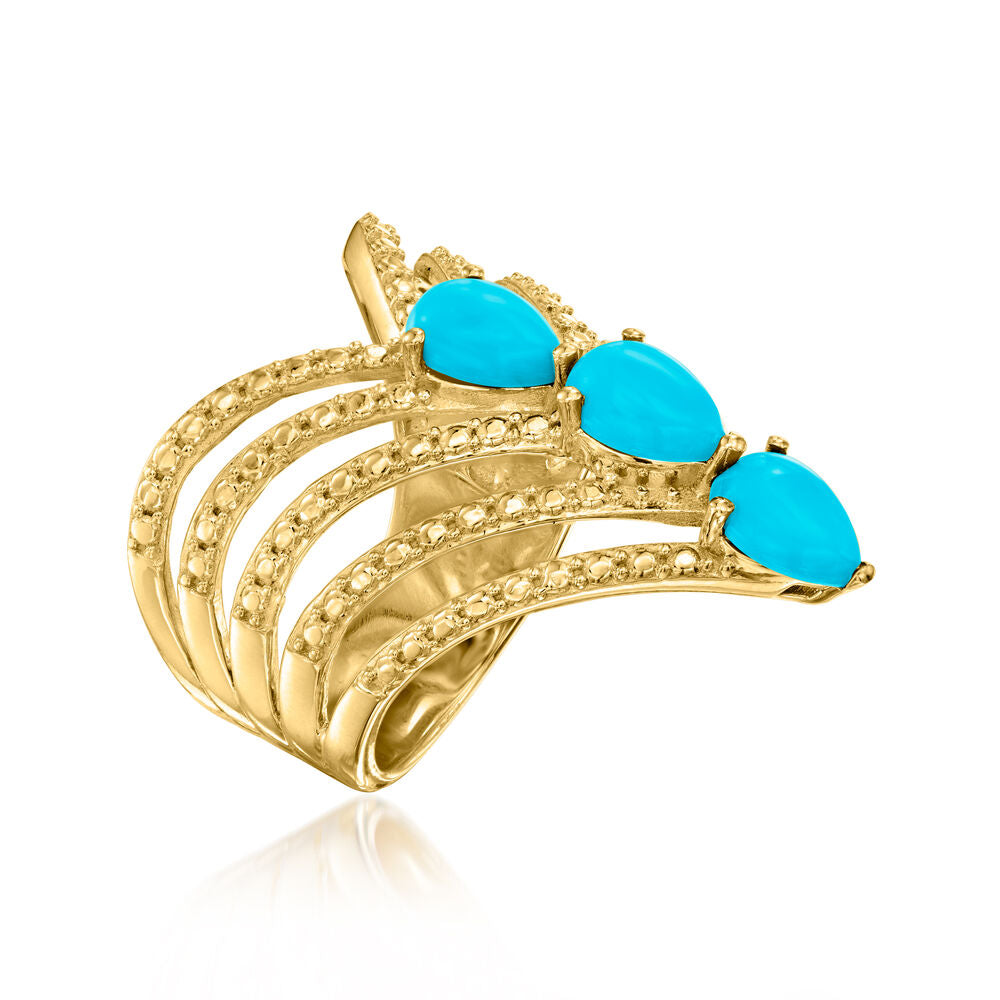 18k Yellow Gold Plated Over Sterling Silver Sleeping Beauty Turquoise 3- Stone Ring