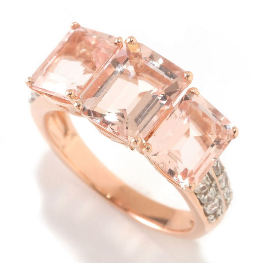 Rose Gold Plated Over Sterling Silver Morganite and White Natural Zircon Gemstone 3-Stone Ring