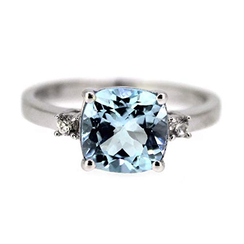925 Sterling Silver Cushion Sky Blue Topaz and White Natural Zircon Gemstone Solitaire Ring